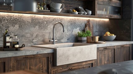 Modern kitchen featuring a farmhouse sink with a large exposed front panel, deep and spacious design, isolated background with studio lighting, rustic elegance