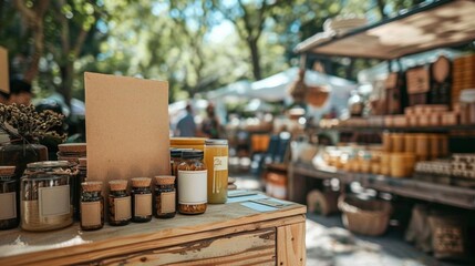 A vibrant outdoor market stand selling an assortment of jars, candles, and handmade goods under the shade of trees on a sunny day.