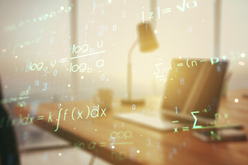 Double exposure of creative scientific formula concept on laptop background, research and...