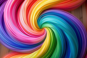 Obraz premium : Abstract swirls of rainbow hues intertwining on a natural wood texture background, resembling the fluidity and diversity of the LGBT community.