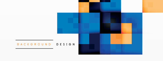 An artistic depiction of blue and orange squares on a white backdrop suggests a vibrant and modern design aesthetic