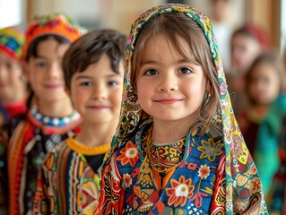 Fototapeta premium Children playing and learning, Group of children wearing colorful traditional clothes, smiling and standing in a line, showcasing cultural diversity and tradition.