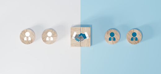 hand shaking icon on wooden cube blocks and human in circle icon for business deal concept....