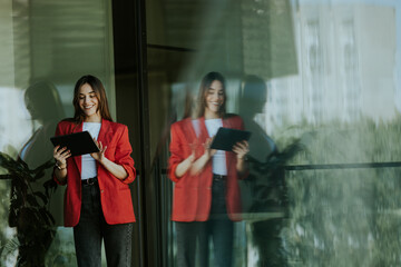 Confident businesswoman in red blazer outside glass office building at dusk