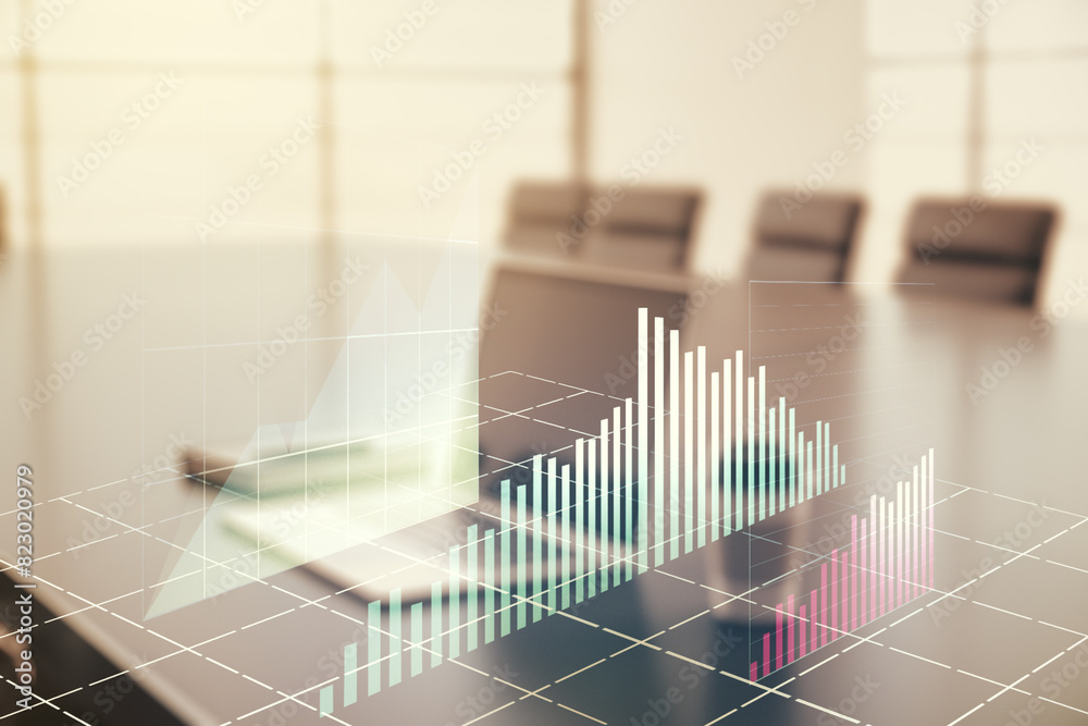 Poster multi exposure of abstract creative financial chart on computer background, research and analytics c