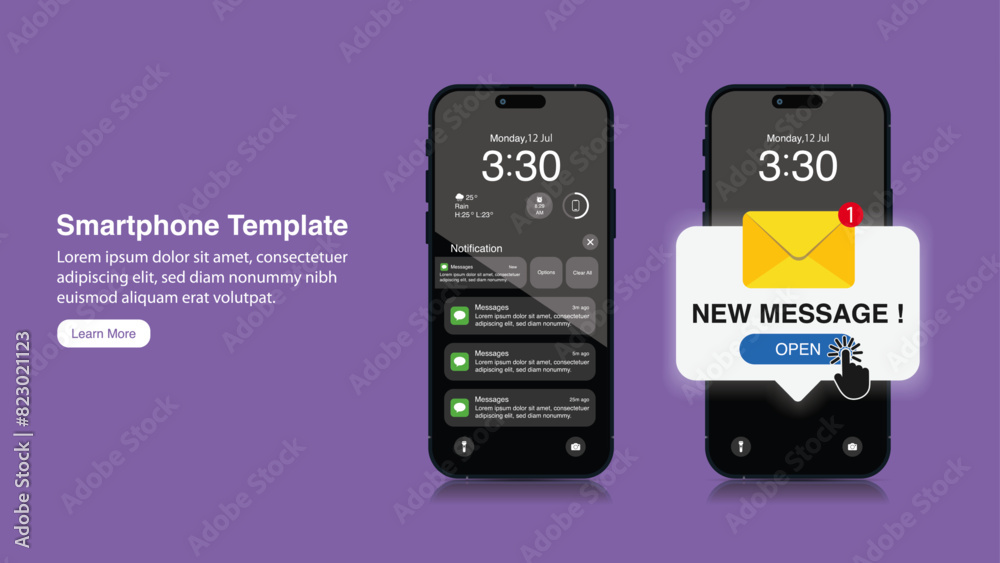 Poster realistic smartphone mockup with new messages notification concept. new message alert and pop-up. in