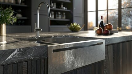 Luxurious kitchen with an undermount sink, close-up, seamless look with the countertop, emphasizing modern design and ease of cleaning, perfect for ads