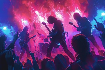 Fototapeta premium Energetic rock band performing on stage with vibrant lights and an enthusiastic crowd, creating an electrifying concert atmosphere.