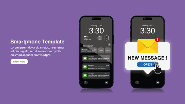 Realistic smartphone mockup with New messages notification concept. New message alert and pop-up. Incoming and open messages and emails. Vector.