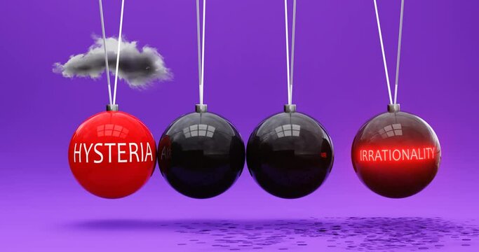 Hysteria leads to irrationality. A Newton cradle metaphor in which hysteria sets irrationality in motion. Vicious cycle. Cause and effect relation between hysteria and irrationality. Can be looped