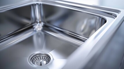 Luxurious kitchen sink design, close-up of a stainless steel sink, isolated white background with studio lighting, emphasizing its sleek, durable finish