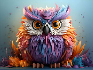Fototapeta premium Cartoon owl with multi colored feathers on a blue background.