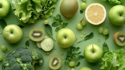 vegetables and fruits on green background. Healthy food, diet and detox concept. Flat lay, top view.