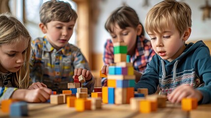 Children playing and learning, Group of young children playing with colorful wooden blocks, focusing intently and building structures together in a cozy indoor setting.