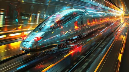 Fototapeta premium High-speed bullet train racing through a modern city at night, showcasing futuristic transportation and technology.