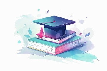 Illustration of a graduation cap on top of two textbooks symbolizing education, learning, and academic achievement in vibrant colors.