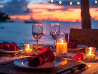 A romantic dinner with candles and wine glasses on a table by the ocean. The candles are lit and the table is set with a white tablecloth and red napkins