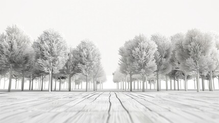 : An AI-generated forest of abstract trees on a white wood texture table perspective view, symbolizing the strength and diversity of LGBT communities rooted in nature.