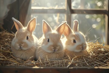 Three cute baby rabbits sitting on straw in front of a window with morning sunlight streaming in.