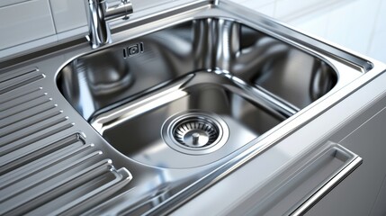 High-quality stainless steel sink in a modern kitchen, close-up view with isolated background, studio lighting to highlight its sleek design for advertising