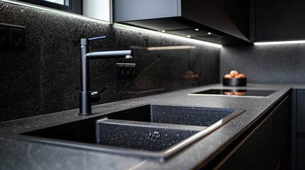 High-quality composite granite sink in a luxurious kitchen, close-up view with studio lighting, isolated background for advertising its scratch and stain resistance