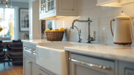 High-end kitchen with a traditional farmhouse sink, close-up shot of the exposed front panel and deep basin, perfect blend of style and utility
