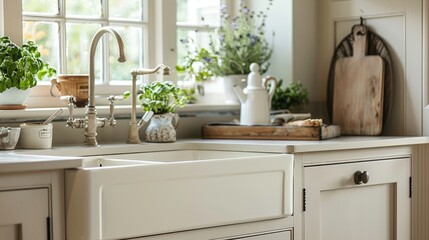 High-end kitchen with a traditional farmhouse sink, close-up shot of the exposed front panel and deep basin, perfect blend of style and utility