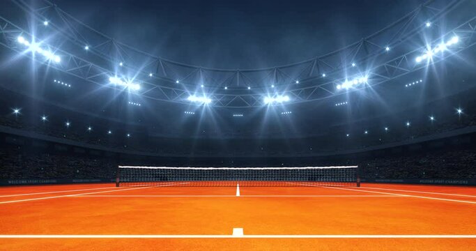 Modern sport stadium at night and clay tennis court ready for the match. Professional 4K video loop for sports advertisement.	