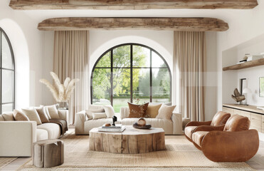 A beautiful large living room with light wood floors and tan colored curtains. Created with Ai
