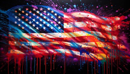 vibrant neon paint graffiti USA flag background