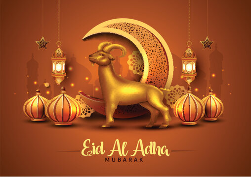 beautiful Eid al Adah art greetings with golden lantern, moon and dark Arabian culture background. abstract vector illustration design.
