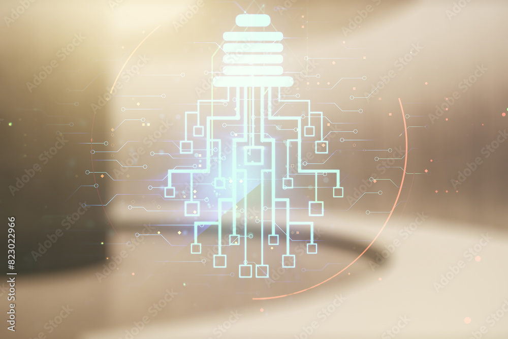 Poster double exposure of virtual creative light bulb hologram with chip on empty modern office background,