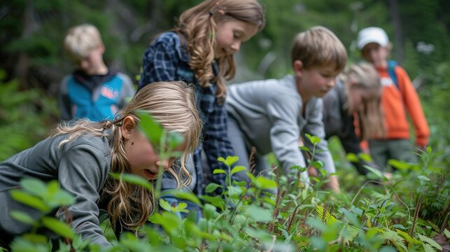 Children playing and learning, Children exploring nature in a lush forest, observing plants and enjoying an outdoor adventure in a group activity.
