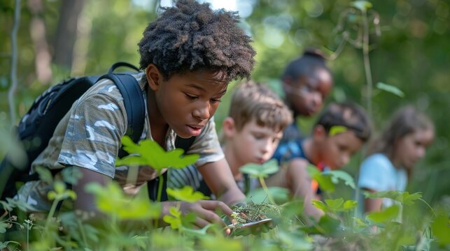 Children playing and learning, Children exploring nature in a lush forest, observing plants and enjoying an outdoor adventure in a group activity.