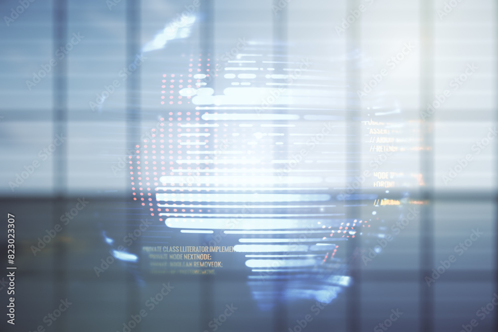 Poster double exposure of abstract creative programming illustration and world map on empty room interior b