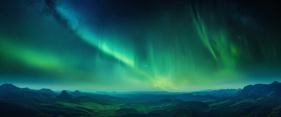 A beautiful view of aurora in northern sky night over the hills. Green and blue borealis northern lights background wallpaper - Powered by Adobe