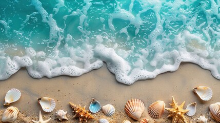 Sandy beach with turquoise waves and seashells