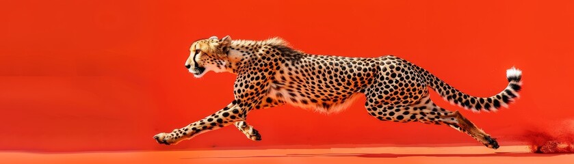 Cheetah running in the red background, looks very fast and powerful.