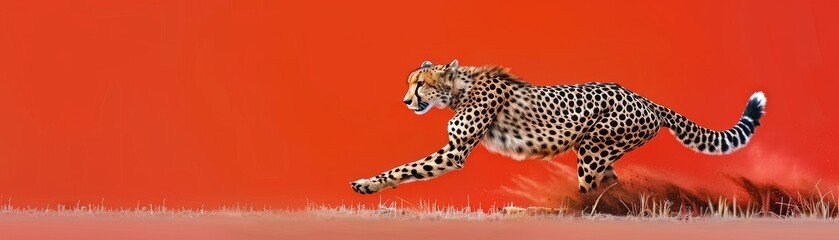Cheetah running in the red background, looks very fast and powerful.