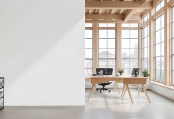 Mockup wall. Wooden coworking interior with PC computers on desks in rows, windows. 3D render