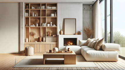 Modern Minimalist Living Room with White Sofa and Fireplace