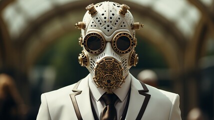 close up of a person in a suit with gas mask