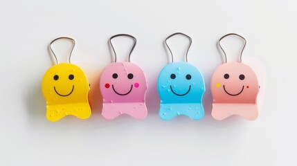 Colorful smiley face metal clips for office organization and stationery decoration on white desk - business concept mockup from top view
