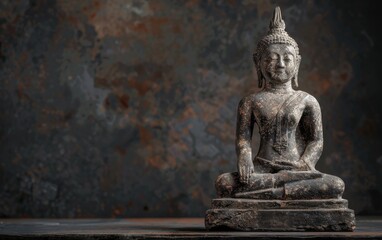 Ancient stone Buddha statue sitting on top of a table against a dark background