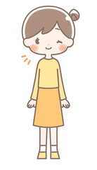 全身｜ウインクする女性イラスト｜お団子ヘア