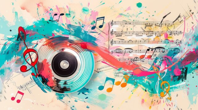 Vibrant music notes and sheet music background with disc and treble clef illustration