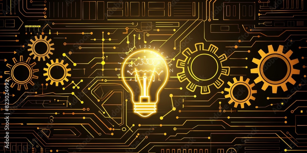 Poster innovative technology: glowing light bulb and gears representing ideas, creativity, and digital circ