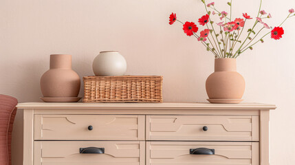 Wooden dresser in vibrant color in an interior design room composition. Minimalistic, chic interiors.