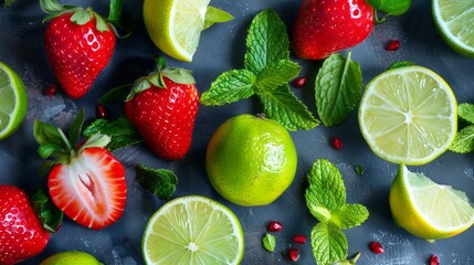 Vibrant fresh limes and strawberries with mint leaves, summertime refreshment concept on rustic wooden table - Powered by Adobe