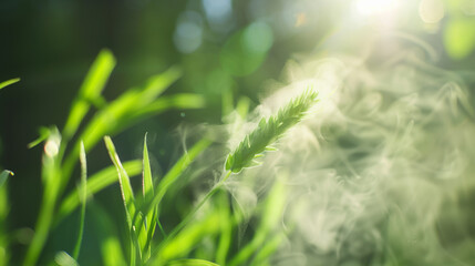 "緑の季節にイネ科の植物の花粉が飛散している."